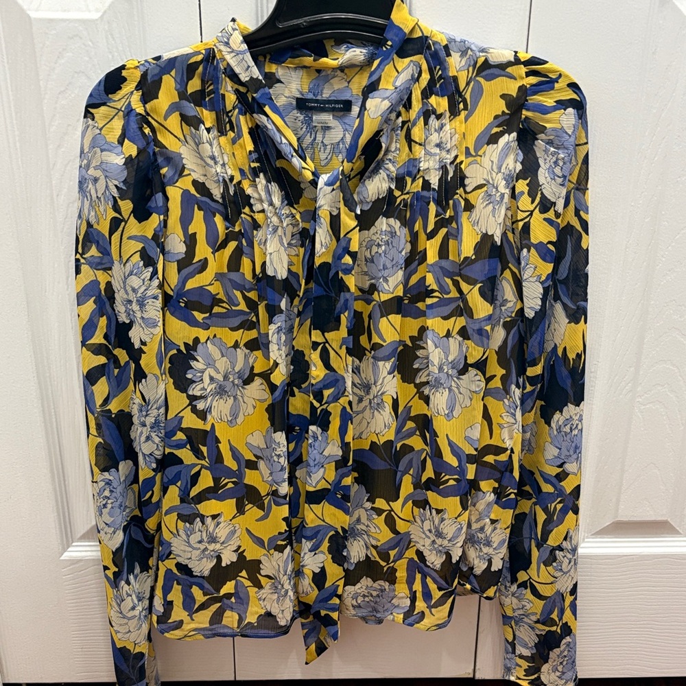 Tommy Hilfiger Yellow and Blue Floral Tie-Neck Blouse